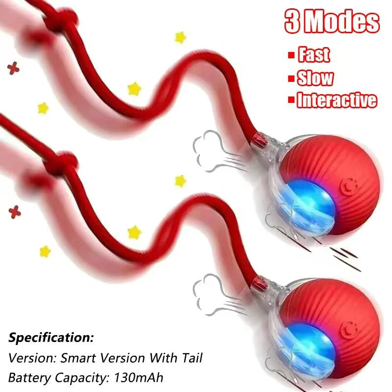Interactive Rechargeable Cat Ball Toy with Faux Fur Tail — Automatic Rolling Smart Pet Ball (USB-C) for Cats & Small Dogs 2PCS Red-Rope
