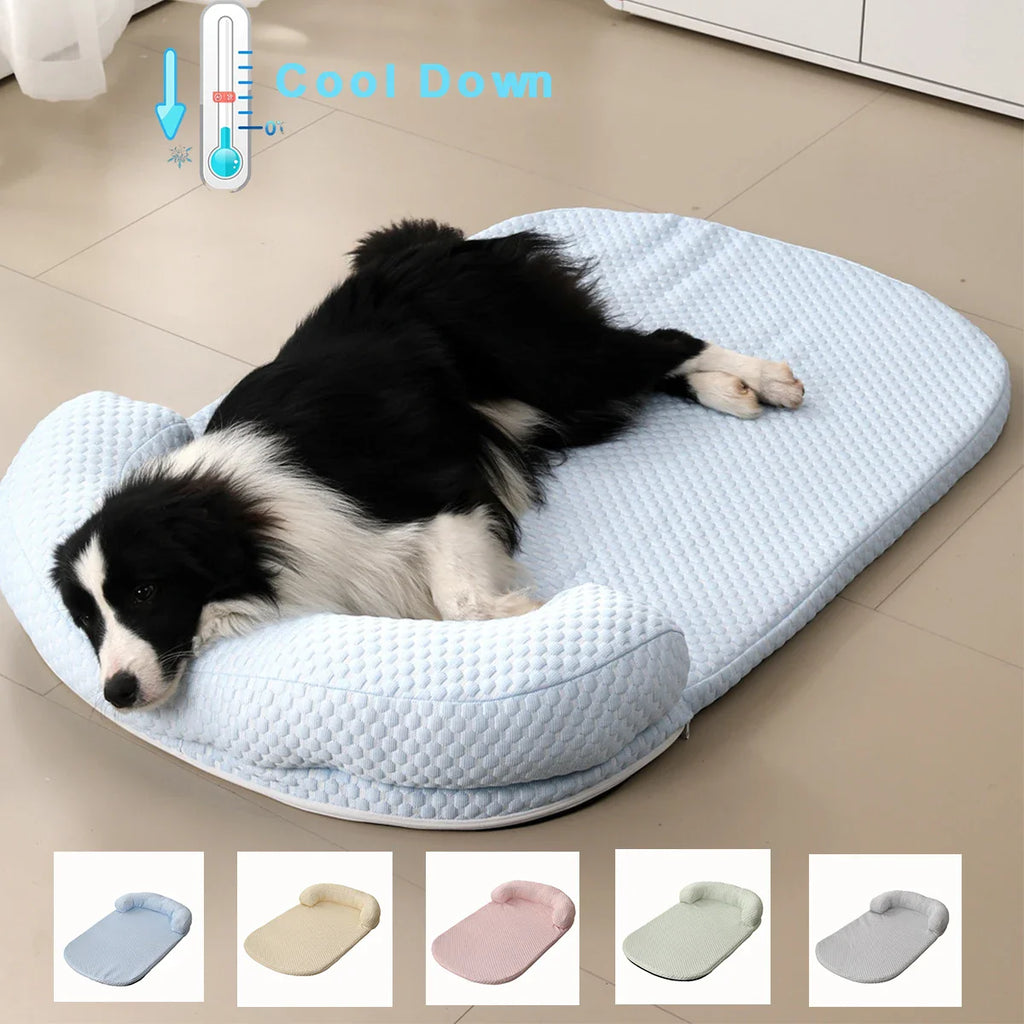 Cooling Ice Silk Pet Bed with Pillow - Breathable Anti-Slip Dog & Cat Cushion, Machine Washable (XS-L)