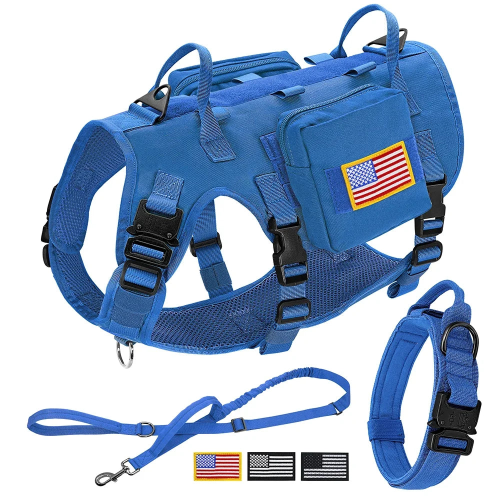 Tactical Dog Harness Collar Leash Set Military Training Pet Vest with Pouches Flags Durable Collars for Big Dogs German Shepherd Blue