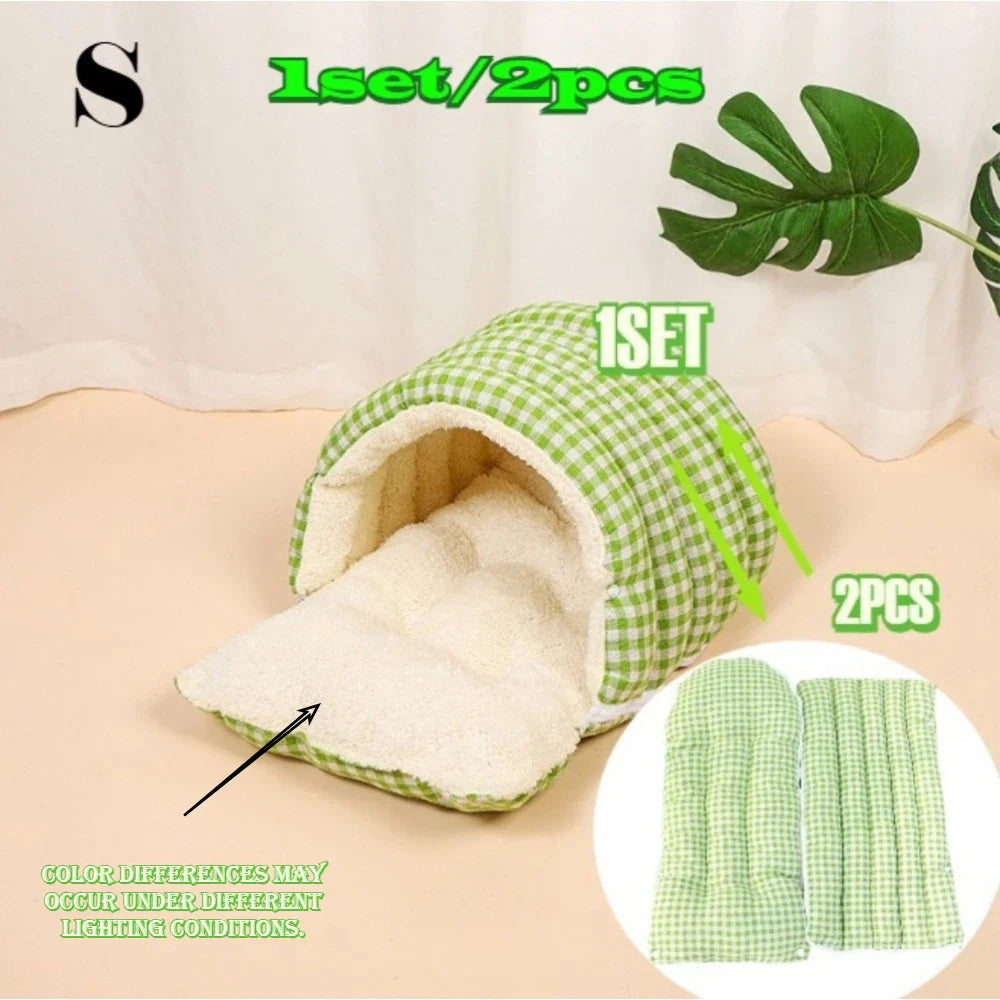 Large all-season cat house (including a warm winter bed) – with decorative panels and a fully enclosed comfortable sleeping bag. Green Plaid-S