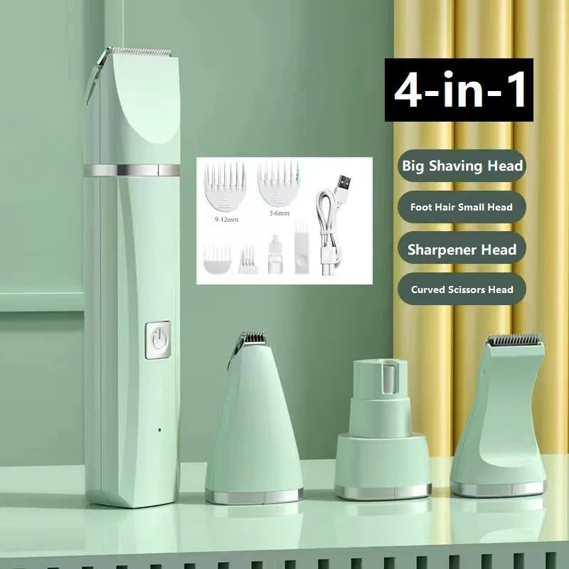 4-in-1 Waterproof Rechargeable Pet Grooming Kit — Cordless Dog & Cat Clippers with Nail Grinder & Detail Trimmer Green Set
