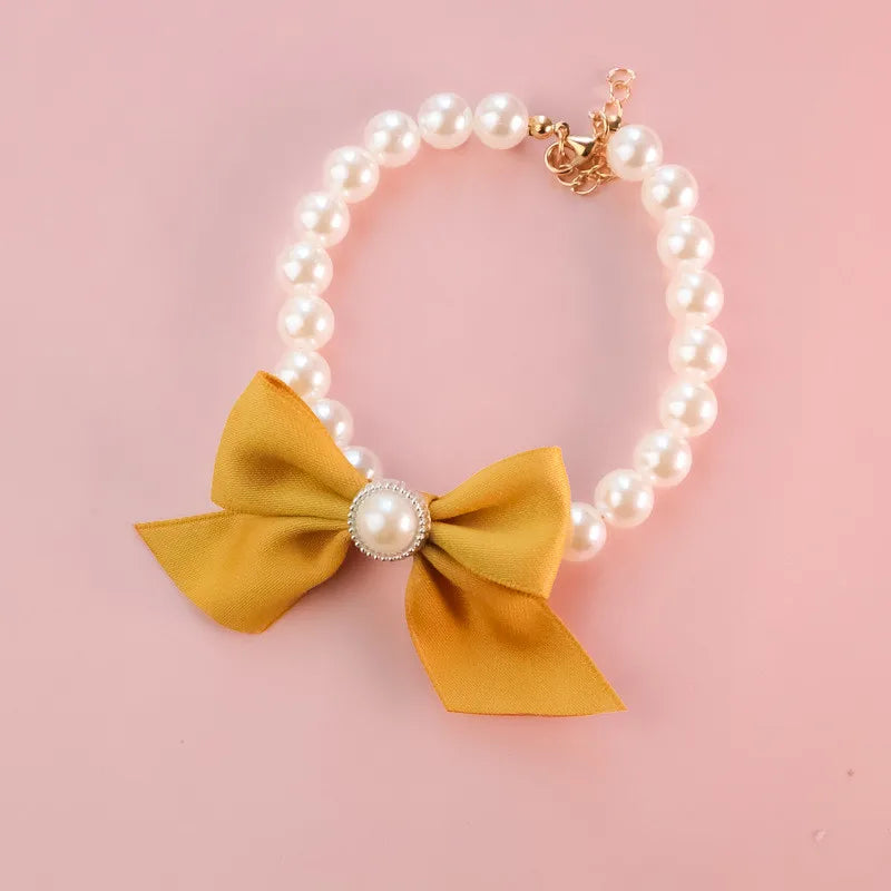 1Pcs New Pet Collar Pearl Bow Necklace Cat Jewelry Cute Collar Puppy Accessories Dog Chain Chihuahua Wedding Jewelry Stuff yellow