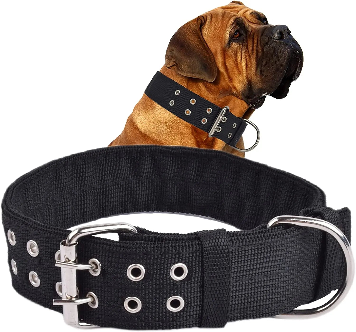 Heavy Duty Wide Military Thick Dog Collars for Large Dogs Adjustable Strong Nylon Tactical Pet Collar with 2-Rows Metal Buckle black