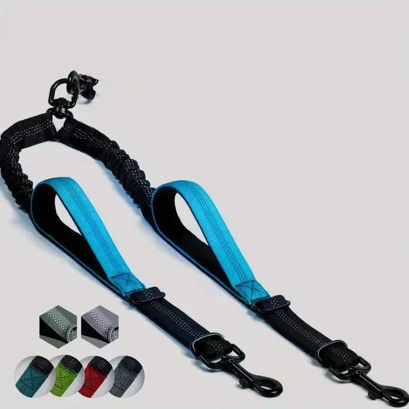 Dual Dog Leash Coupler – Padded No-Tangle Bungee Leash with 360° Swivel, Reflective & Shock-Absorbing SKY BLUE