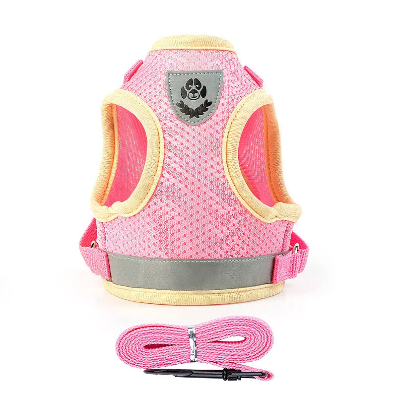 Reflective Adjustable Dog & Cat Harness Vest Set with 1.5m Leash – Breathable Mesh Puppy Kitten Harness (XS-L) Pink