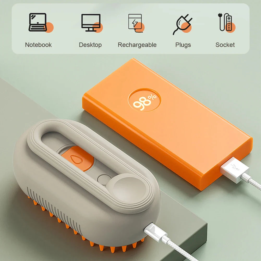 3-in-1 Steam Pet Grooming Brush – USB Rechargeable Spray & Massage Comb for Cats & Dogs (7.67 x 2.55 in / 19.5 x 6.5 cm)