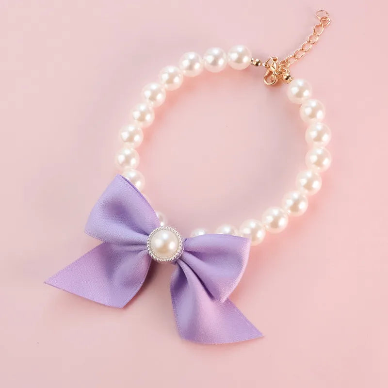 1Pcs New Pet Collar Pearl Bow Necklace Cat Jewelry Cute Collar Puppy Accessories Dog Chain Chihuahua Wedding Jewelry Stuff purple