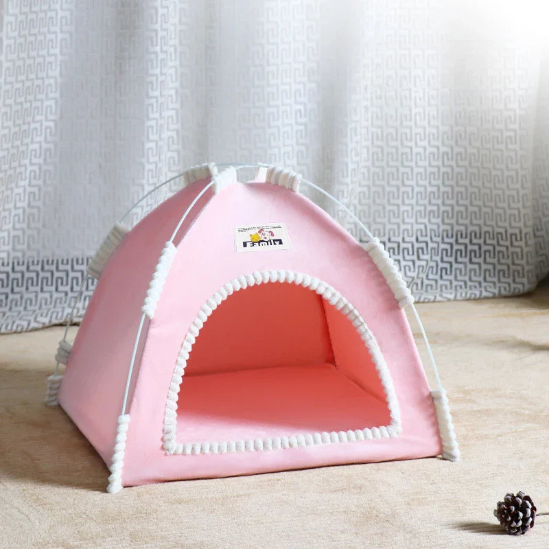 Foldable Cat & Small Dog Tent Bed — Portable Breathable Plush Pet House with Summer Cooling Mat warm pink