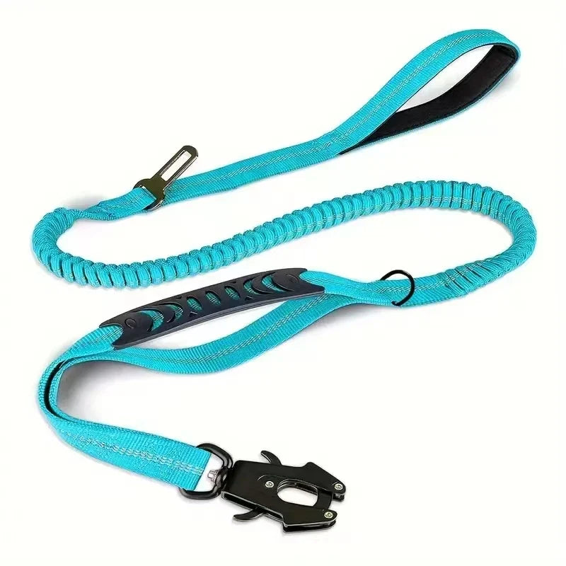 Tactical Dog Leash Heavy Duty, 4-6FT Shock Absorbing Bungee Lead with 2 Padded Handle, Metal Carabiner Clip, Car Seatbelt, Stron Blue