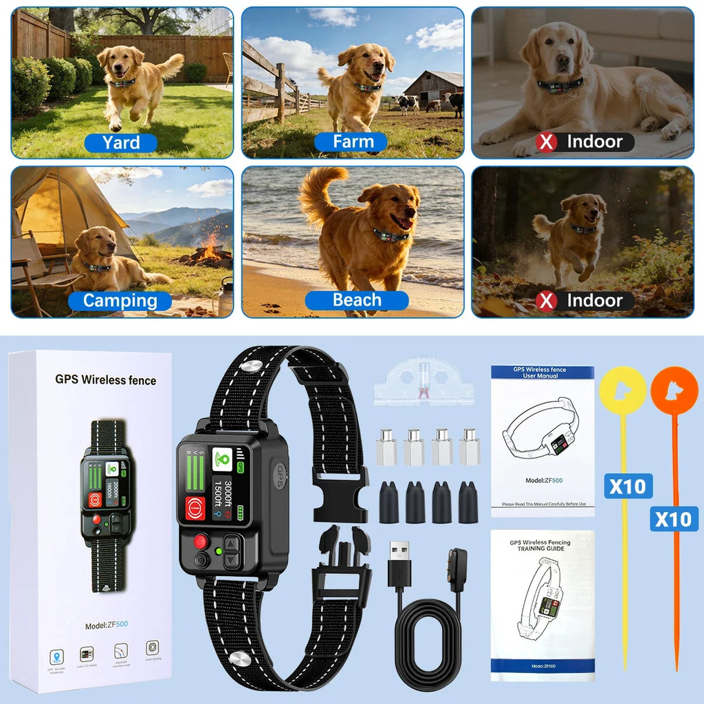 Orcleab Wireless Dog Fence GPS Dog Collar IP67 Waterproof Electric Shock Pet Containment System 3 Training Mode Free-Form Fence