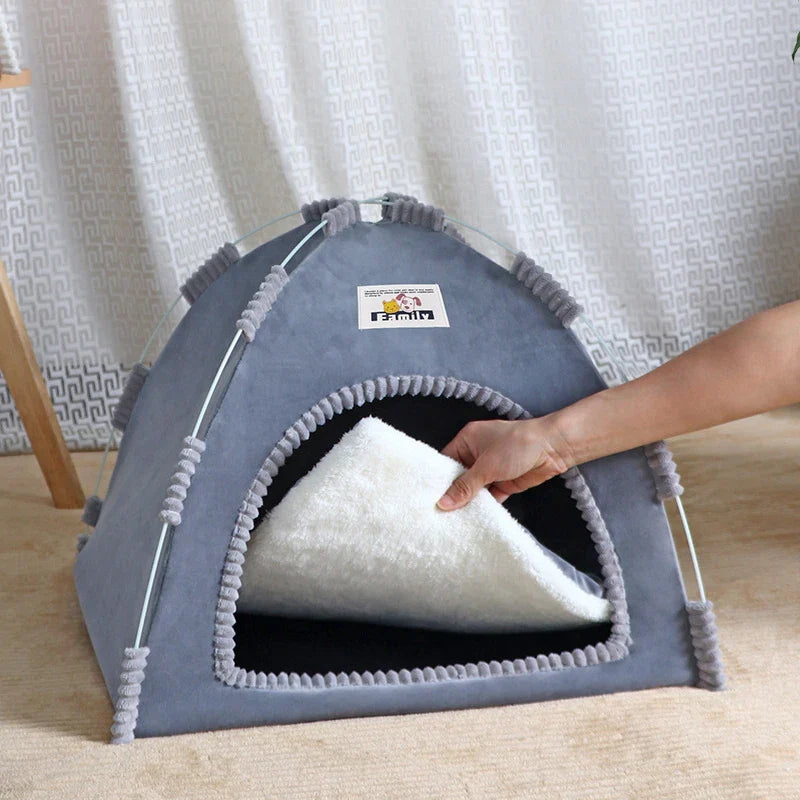 Foldable Cat & Small Dog Tent Bed — Portable Breathable Plush Pet House with Summer Cooling Mat