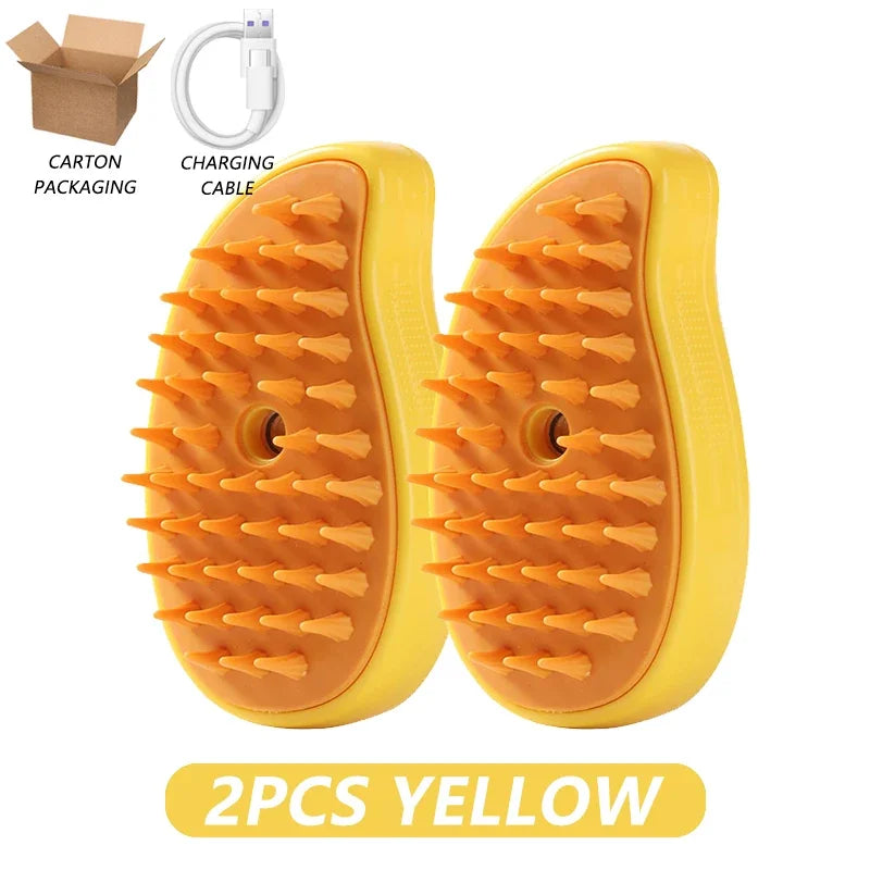3-in-1 Pet Steamy Brush – Electric Spray Groomer, Silicone Massage & Hair Remover for Cats & Dogs 2PCS Yellow Battery Upgrade