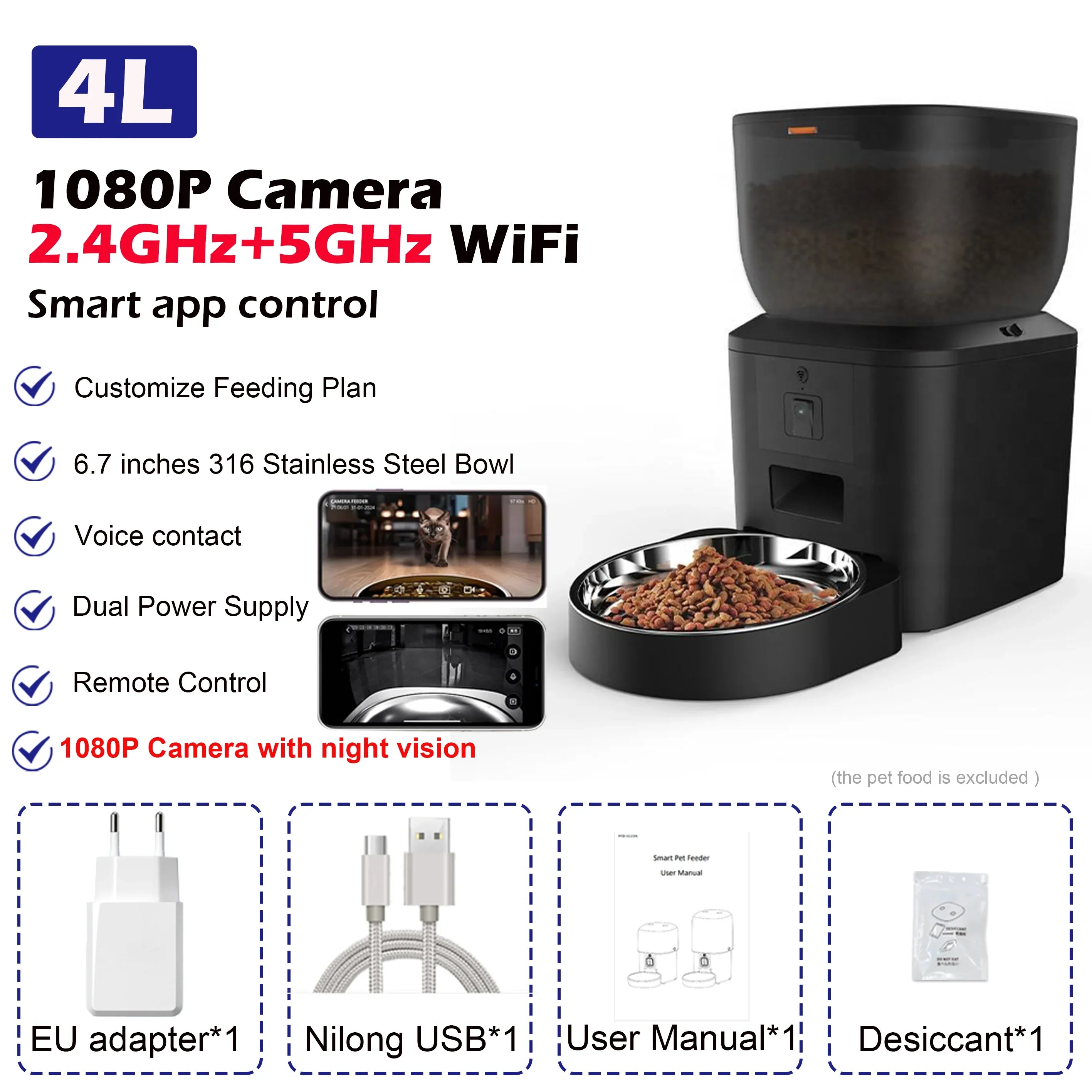 Smart 4L Automatic Pet Feeder with 1080P Camera & Night Vision, App-Controlled Voice Recorder Remote Feeding for Cats & Dogs 2.4GHz 5GHz Camera