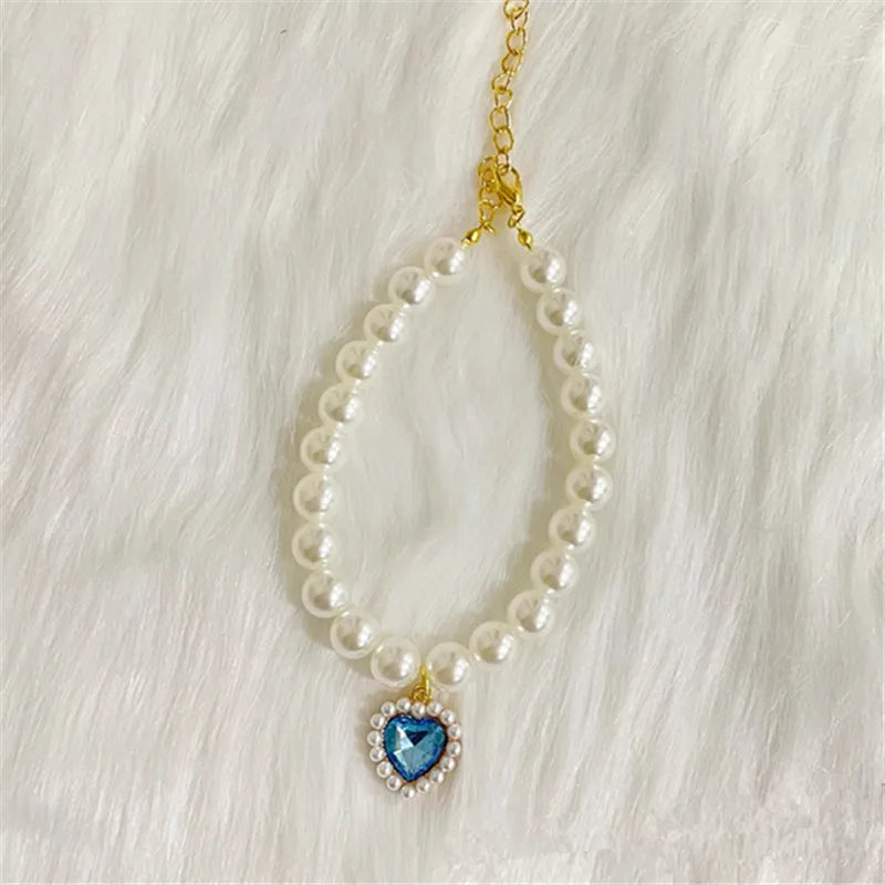New Pet Collar Pearl Love Necklace Cat Jewelry Cute Collar Puppy Accessories Dog Chain Chihuahua Wedding Jewelry Stuff lake blue