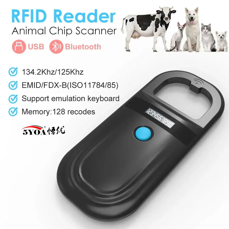 Handheld Pet Microchip Reader OLED — EMID & FDX-B (ISO11784/85) RFID Rechargeable Scanner for Dogs, Cats & Pigs Black 180 Bluetooth