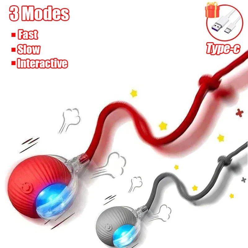 Interactive Automatic Rolling Ball Toy for Cats and Dogs, Rechargeable Smart Pet Toy with Faux Tail Red and Grey