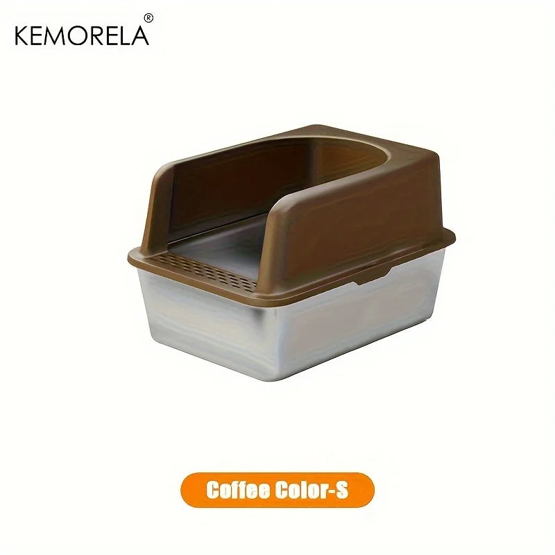 XL 60/50CM Stainless Steel Litter Box With Lid High Side Large Litter Box Suitable For Large and Small Cats Does Not Absorb Odor Coffee Color S