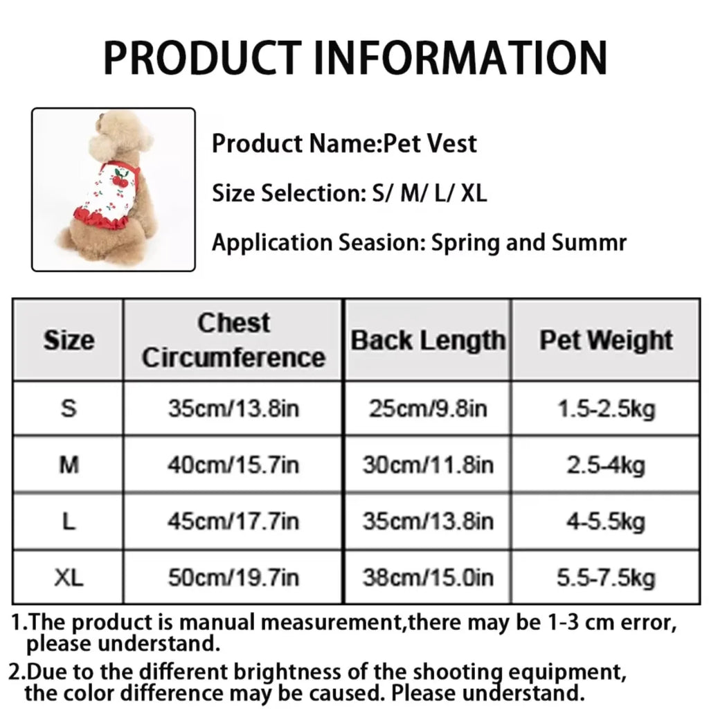 Dog Vest Cute Cherry Clothing for Small Dog Vest Summer Cooling Cat Vest Falbala Pet Clothes for Dog Breathable Soft Cat Clothes
