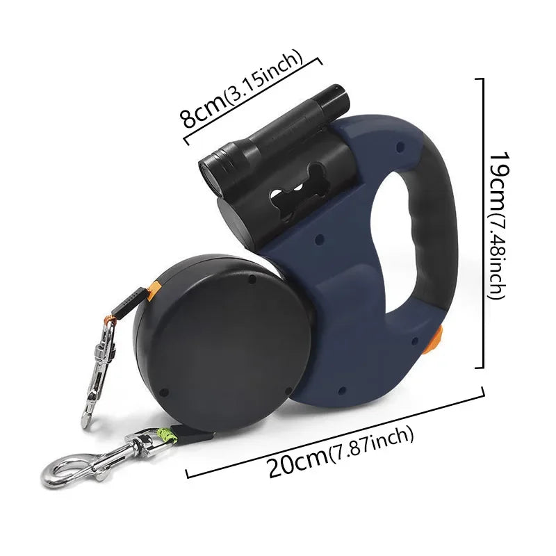 3in1 Double Head Automatic retractable Dog leash Flashlight Poop Bag Dispenser Reflective Pet Cat Extendable Puppy Traction Rope Blue