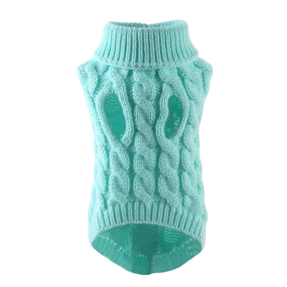 Knitted Cable Dog Sweater - Warm Autumn/Winter Pullover for Small Dogs Cyan