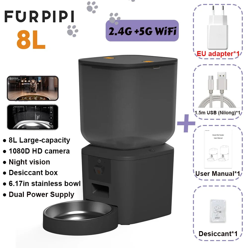 Furpipi 8L Smart Automatic Cat Feeders with 1080P HD Camera 5G WiFi Pet Feeder Tuya APP Control Automatic Cat Dog Food Dispenser 5G 1080P Bowl x1 B Food-grade ABS