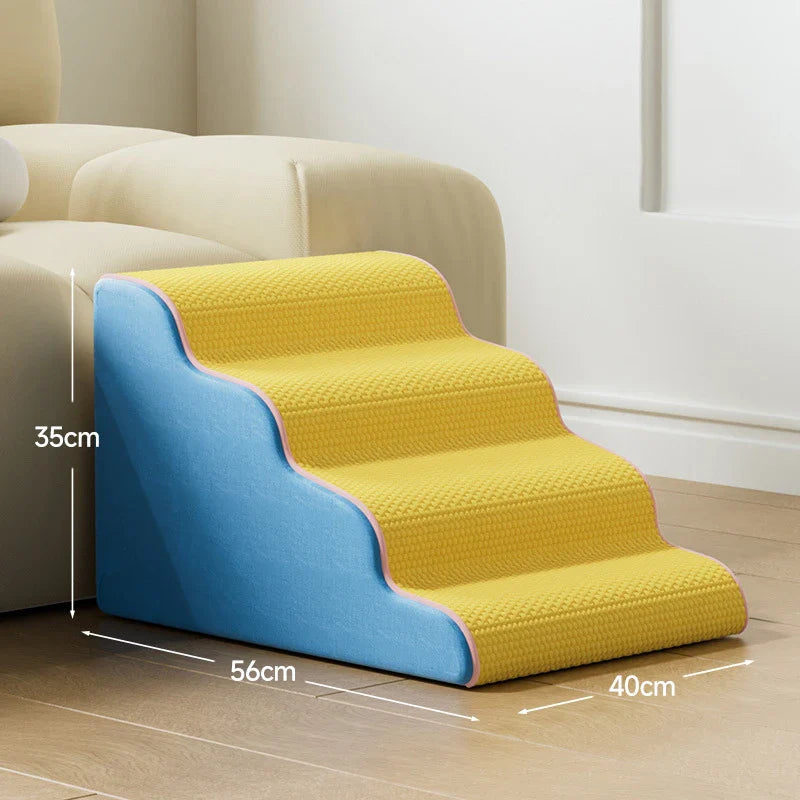 3/4-Step Pet Stairs Memory Foam Ramp for Small Dogs & Cats - Removable Washable Cover, Non-Slip Sofa Ramp Yellow Blue 4 Floors