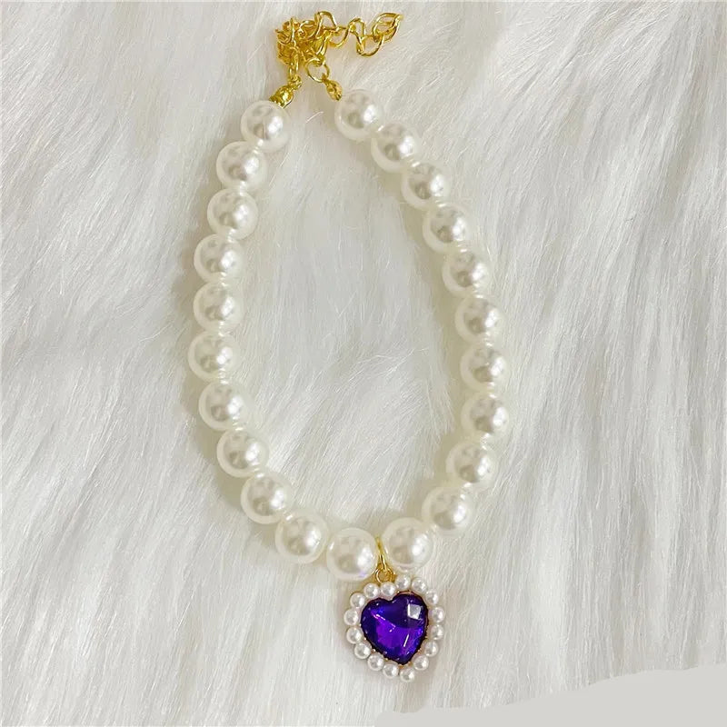 New Pet Collar Pearl Love Necklace Cat Jewelry Cute Collar Puppy Accessories Dog Chain Chihuahua Wedding Jewelry Stuff purple