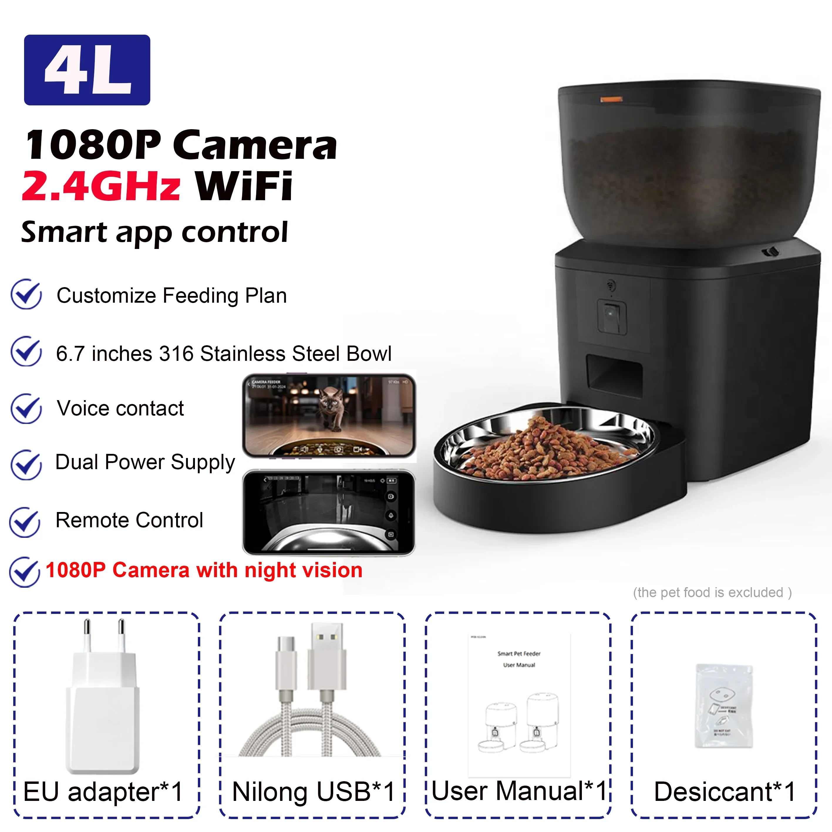 Smart 4L Automatic Pet Feeder with 1080P Camera & Night Vision, App-Controlled Voice Recorder Remote Feeding for Cats & Dogs 2.4GHz Camera
