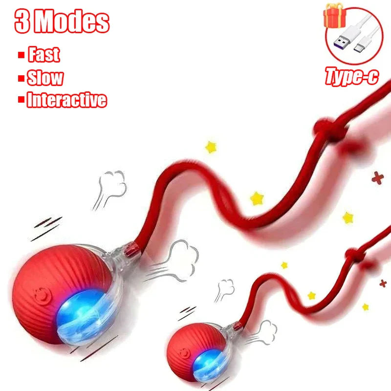 Interactive Automatic Rolling Ball Toy for Cats and Dogs, Rechargeable Smart Pet Toy with Faux Tail 2PCS Red