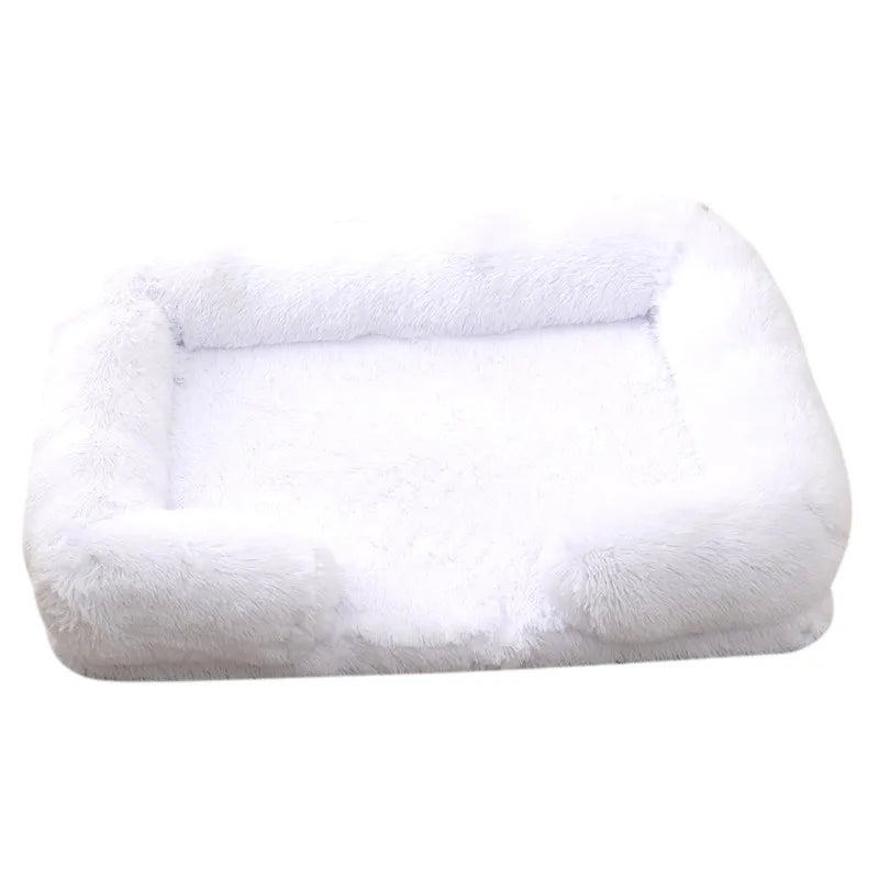 Plush Dog Bed with Removable Cover – Thickened Winter Pet Sofa Pad, Square, Small & Large White