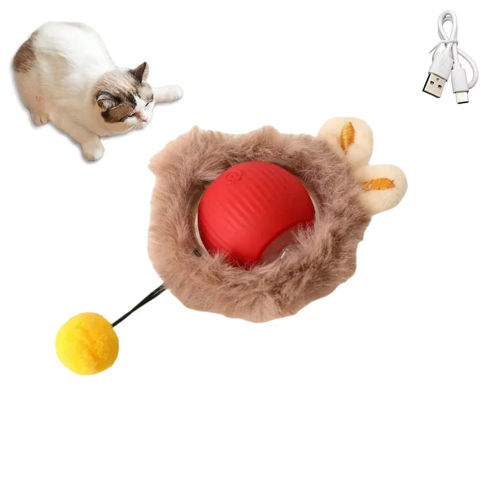 Rechargeable Interactive Rolling Cat Toy with Faux Tail - Motion-Activated Ball for Cats & Small Dogs 1PC Red Plush
