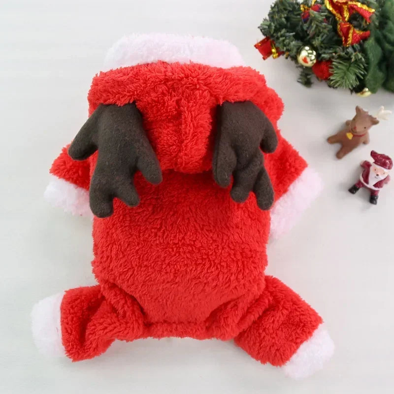 Christmas Dog Hoodie Reindeer & Santa Fleece Coat Winter Warm Pet Jacket for Small to Medium Dogs XS-2XL Red 2
