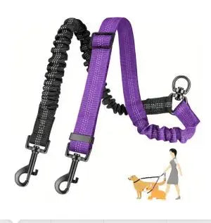 Adjustable Dual Dog Leash Coupler – No-Tangle Shock-Absorbing Bungee Splitter for Two Dogs (16.5–22.4 in / 42–60 cm, Elastic to 31.5 in / 80 cm) PURPLE