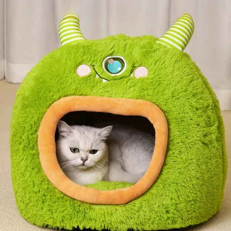 Kawaii Cartoon Monster Pet Bed (Up to 18.9 in) - Fully Enclosed Cat House Winter Warm Green