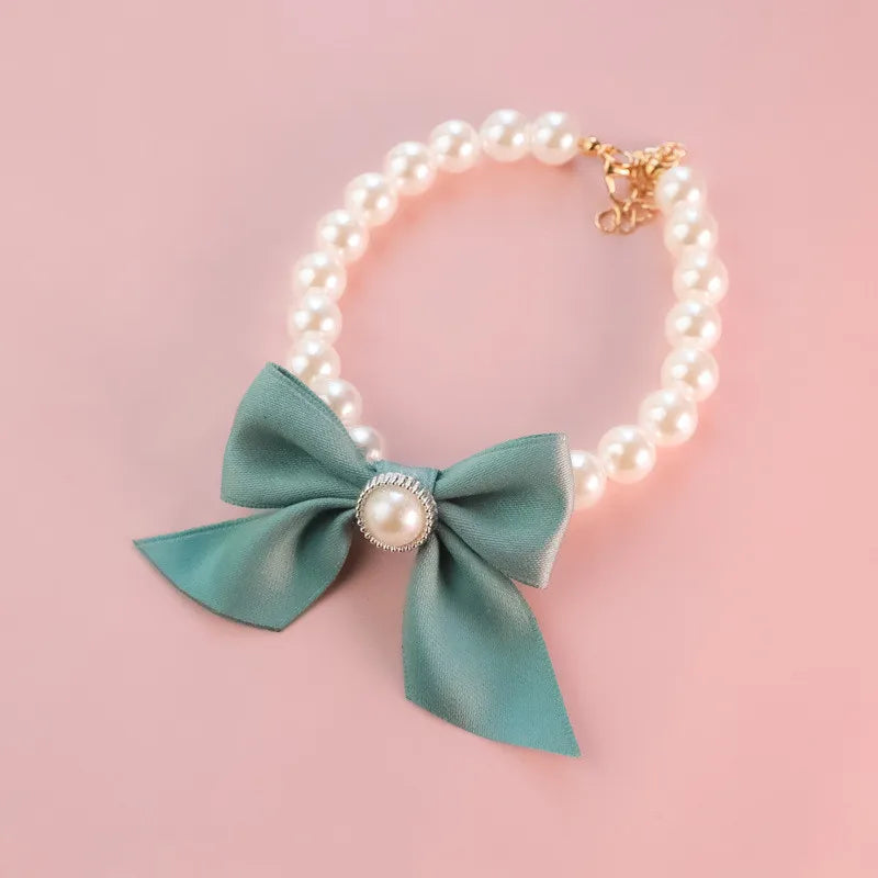 1Pcs New Pet Collar Pearl Bow Necklace Cat Jewelry Cute Collar Puppy Accessories Dog Chain Chihuahua Wedding Jewelry Stuff green