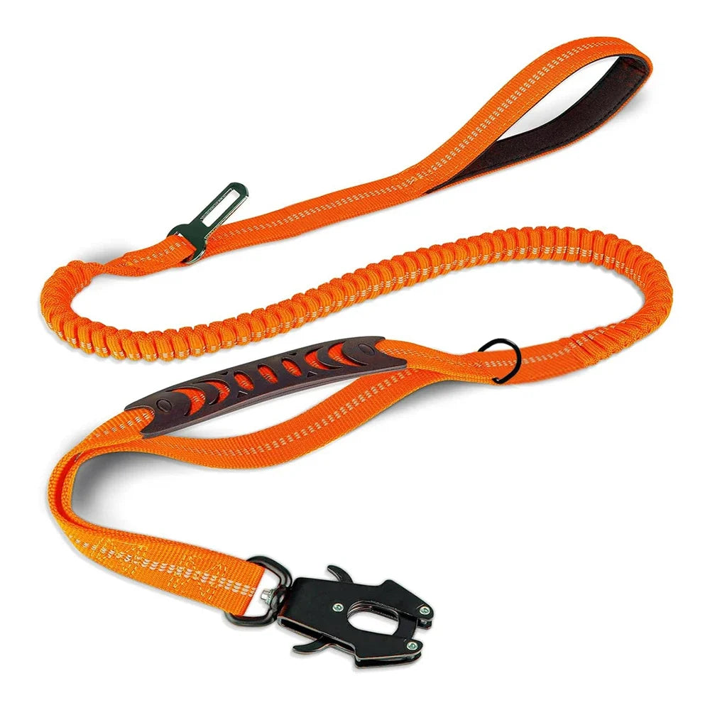 Tactical Dog Leash Heavy Duty, 4-6FT Shock Absorbing Bungee Lead with 2 Padded Handle, Metal Carabiner Clip, Car Seatbelt, Stron Orange