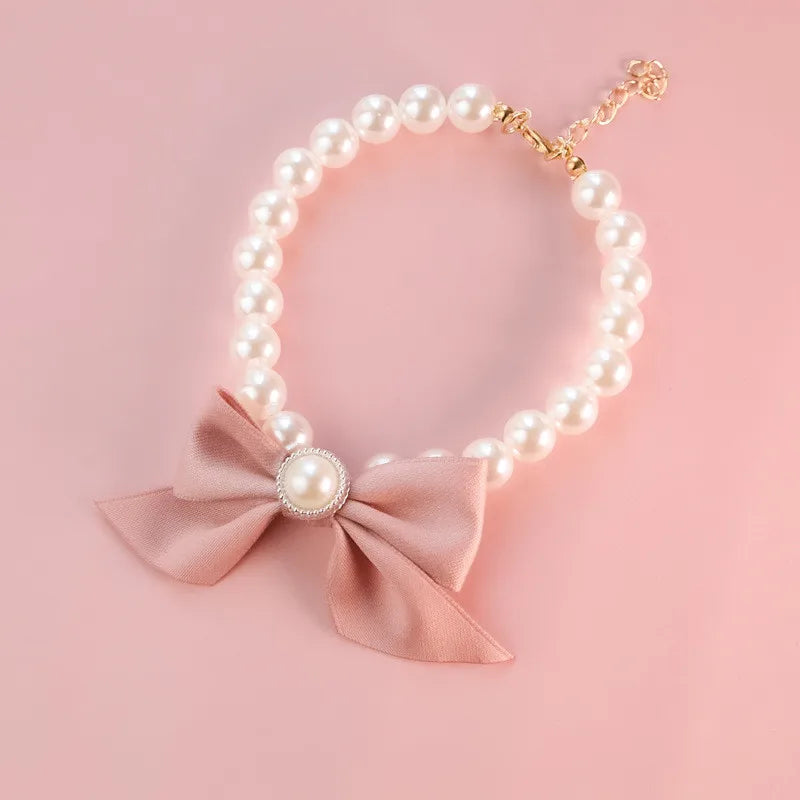 1Pcs New Pet Collar Pearl Bow Necklace Cat Jewelry Cute Collar Puppy Accessories Dog Chain Chihuahua Wedding Jewelry Stuff pink