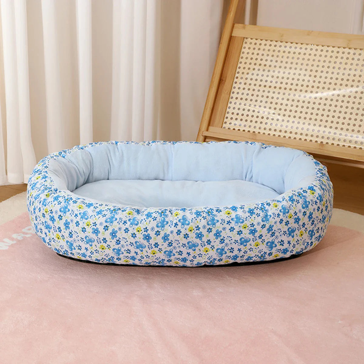 Floral All-Season Dog & Cat Bed — Soft Puppy Pad Sofa for French Bulldog Chihuahua, Sizes S/M/L, 4 Colors Sky Blue