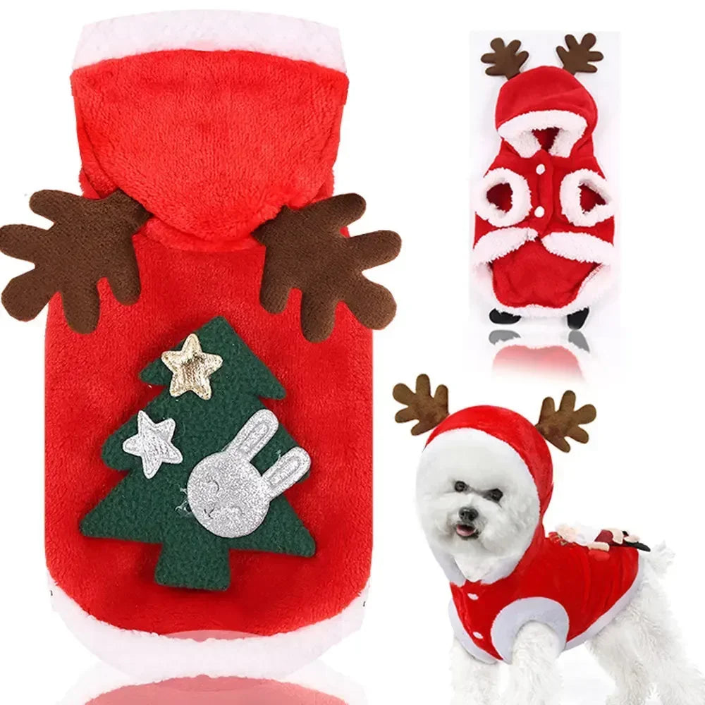 Christmas Dog Hoodie Reindeer & Santa Fleece Coat Winter Warm Pet Jacket for Small to Medium Dogs XS-2XL Christmas tree