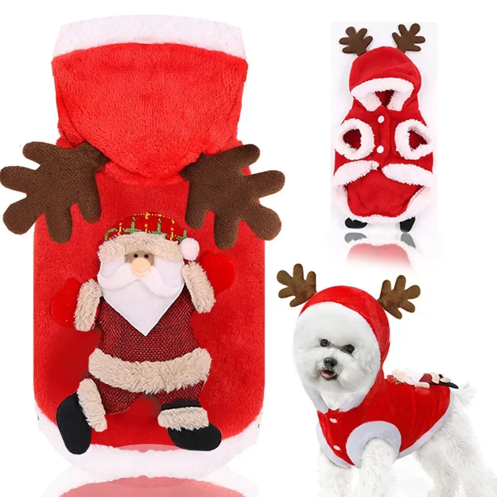 Christmas Dog Hoodie Reindeer & Santa Fleece Coat Winter Warm Pet Jacket for Small to Medium Dogs XS-2XL Santa Claus