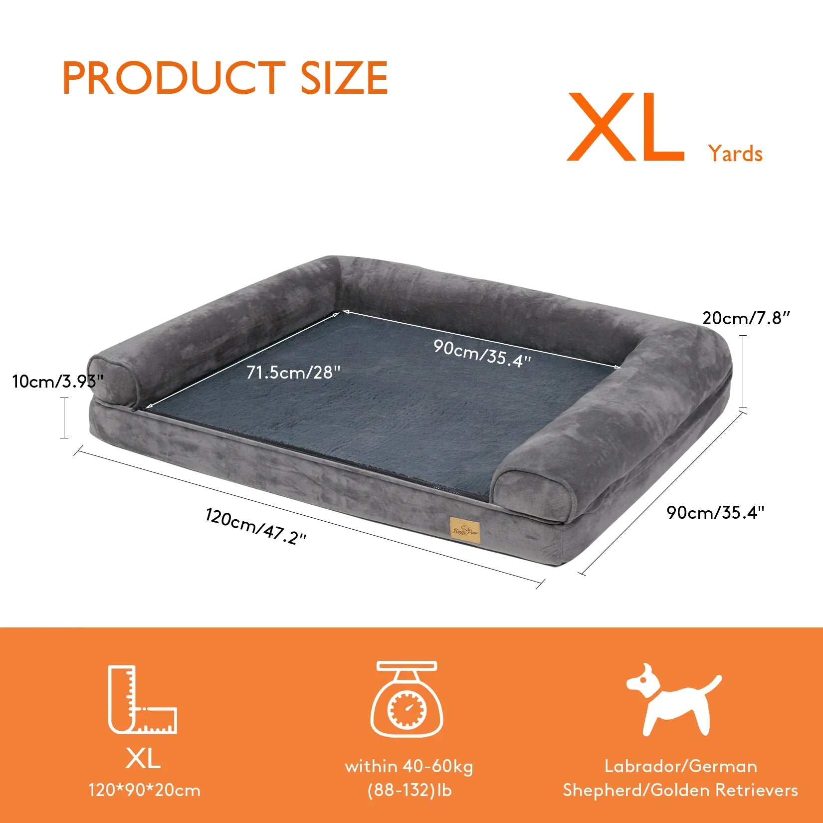 Orthopedic Dog Bed – Foam Pet Mattress Sofa with Bolster, Removable Washable Cover, Waterproof Liner (Sizes M-L-XL-2XL) Gray Extra Large