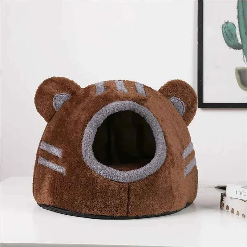 Kawaii Bear Head Cat Bed (Up to 16.9 in) - Cozy Cave Winter Self Warming Kitten Nest Brown