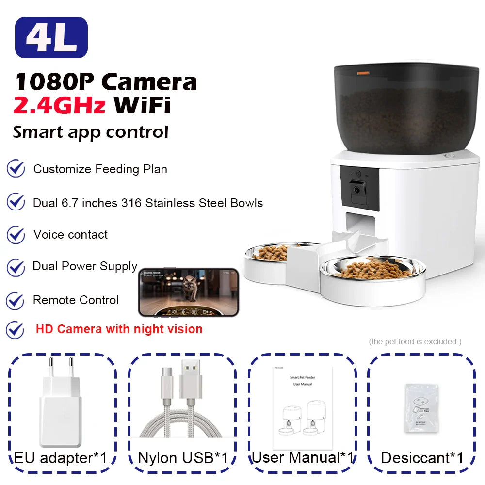 Smart 4L Automatic Pet Feeder with 1080P Camera & Night Vision, App-Controlled Voice Recorder Remote Feeding for Cats & Dogs 2.4G Cam 2bowls W