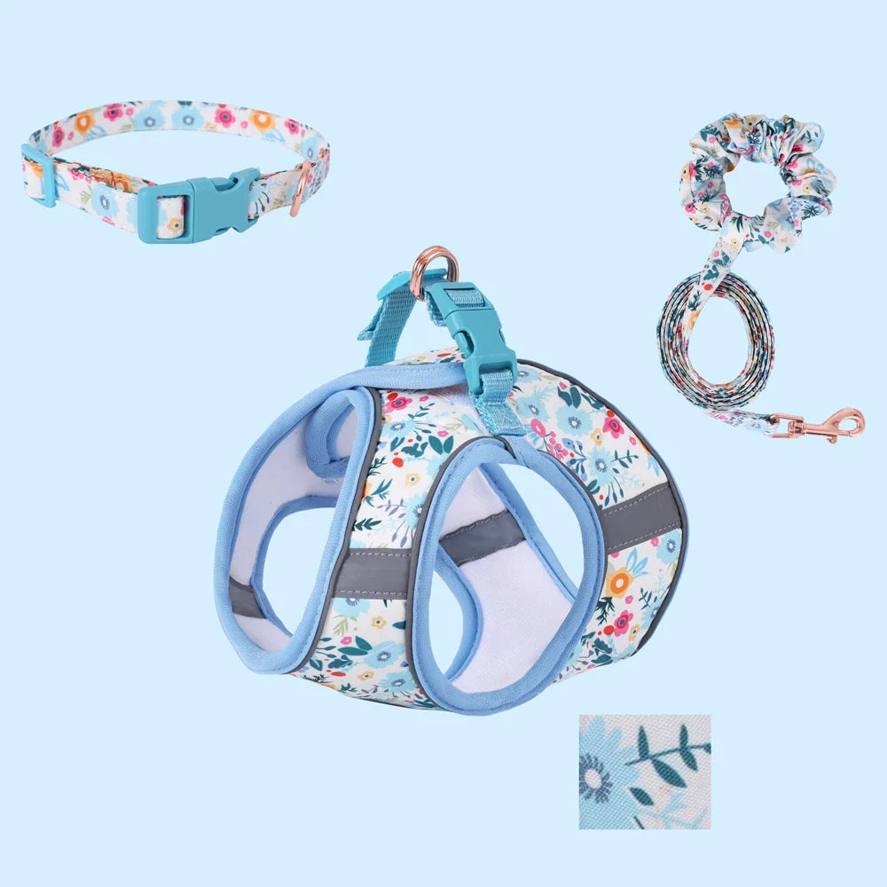 Adjustable Soft Vest Harness & Leash Set for Small & Medium Dogs & Cats – Reflective Printed Puppy Harness with Wrist Leash and Collar Blue 3-piece set