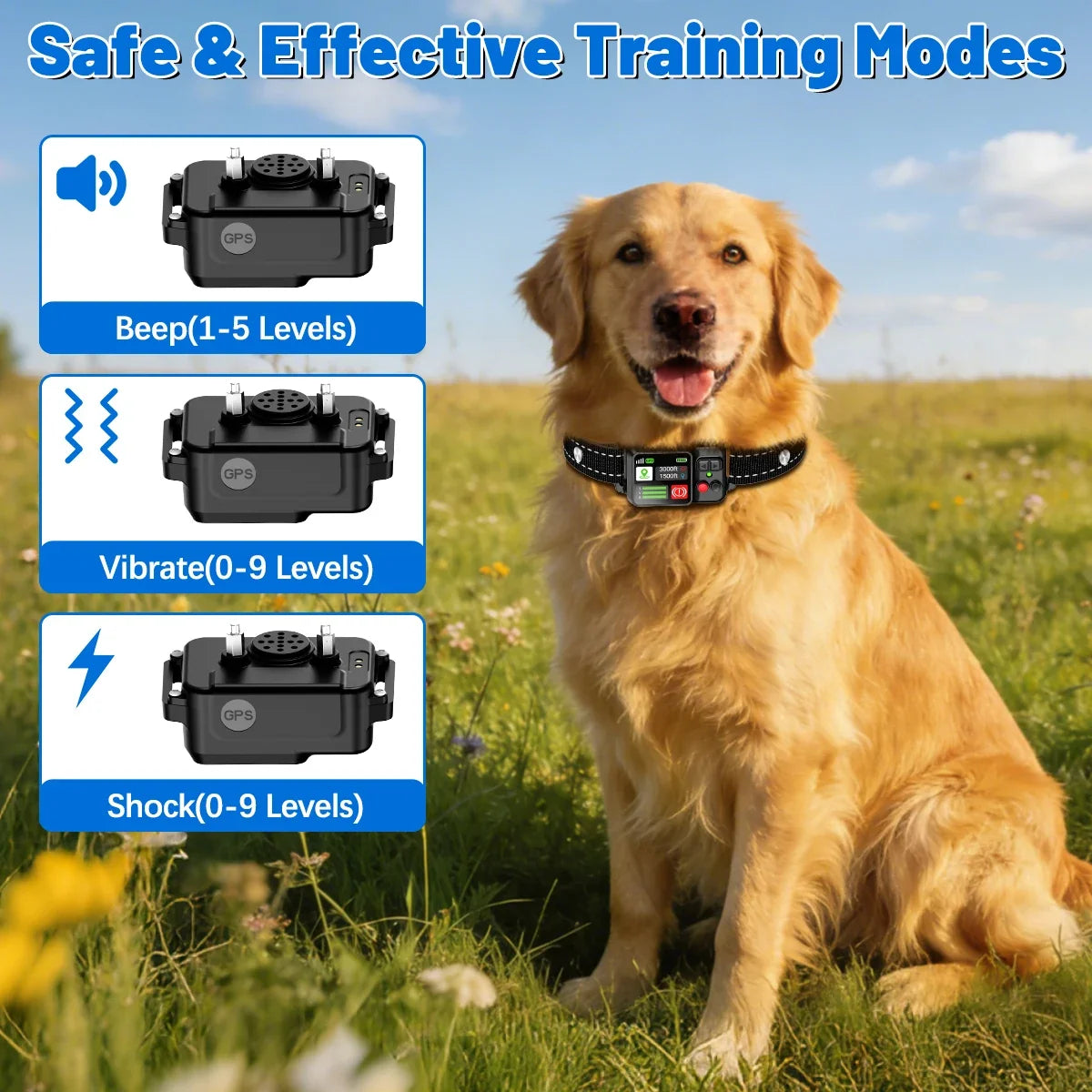 Orcleab Wireless Dog Fence GPS Dog Collar IP67 Waterproof Electric Shock Pet Containment System 3 Training Mode Free-Form Fence