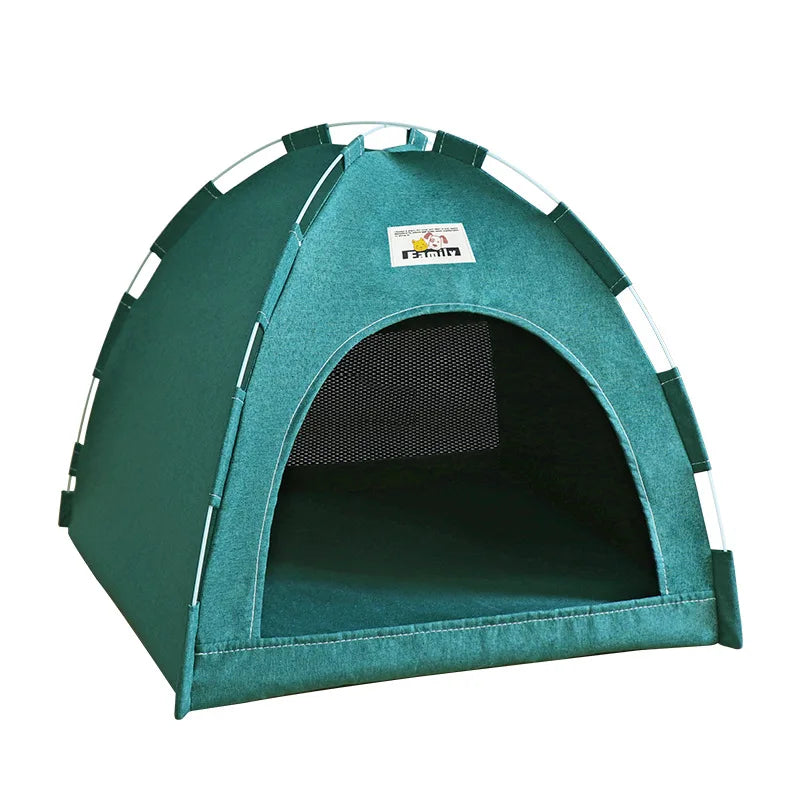 Foldable Cat & Small Dog Tent Bed — Portable Breathable Plush Pet House with Summer Cooling Mat Four Seasons green