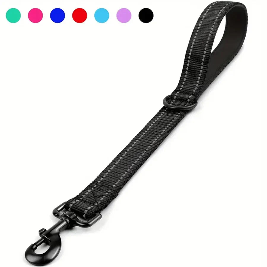 Short Nylon Dog Leash with Padded Traffic Handle - Heavy Duty Reflective Training Lead black