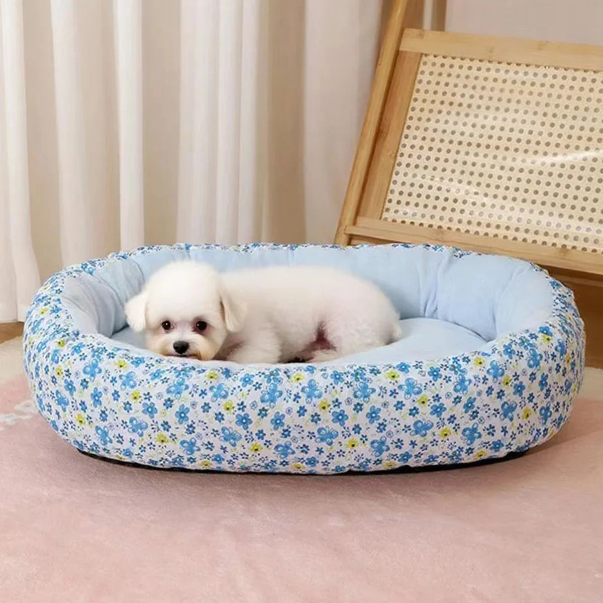 Floral All-Season Dog & Cat Bed — Soft Puppy Pad Sofa for French Bulldog Chihuahua, Sizes S/M/L, 4 Colors
