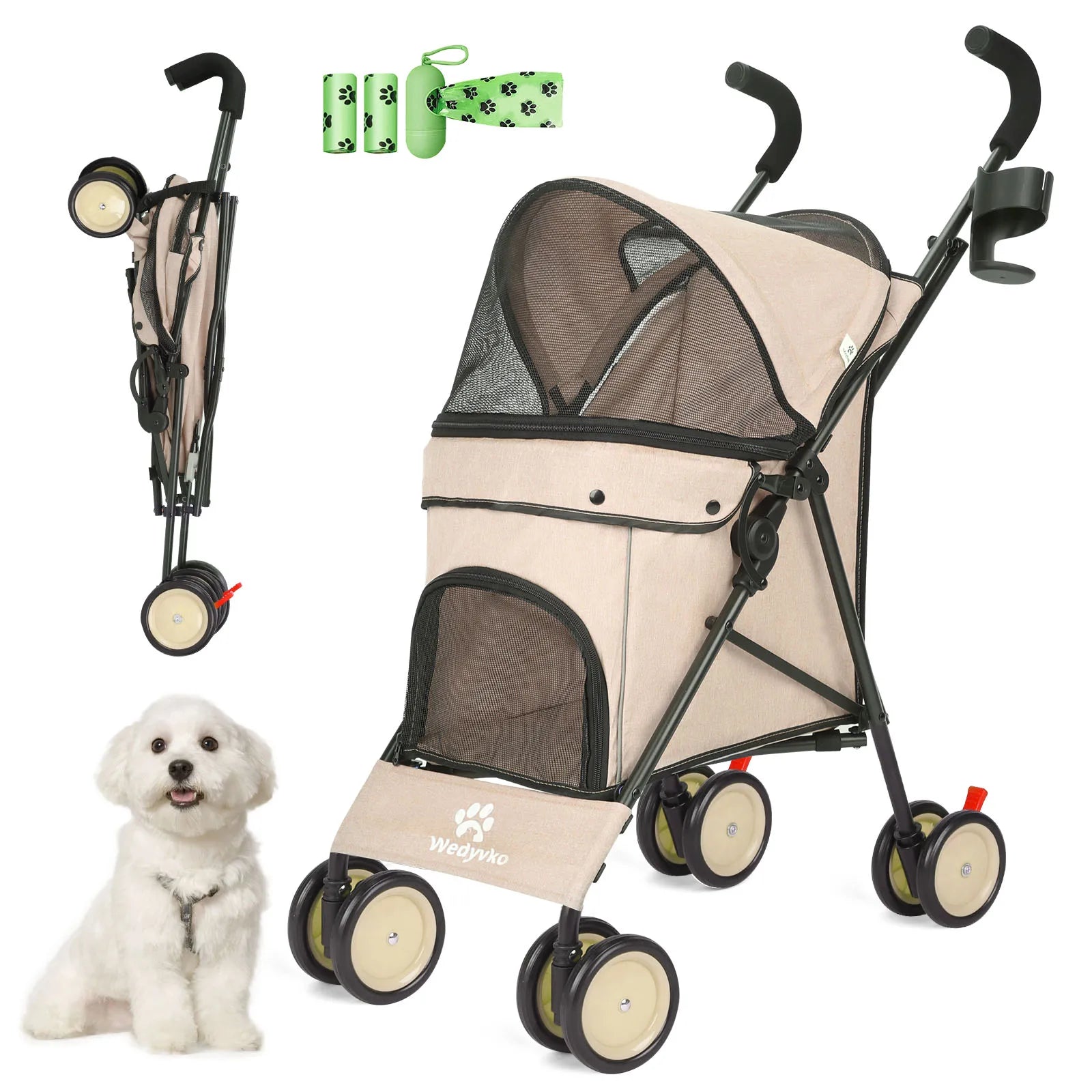 4-Wheel Pet Stroller for Dogs & Cats with Rotating Front Wheels, Brakes and Storage for Travel & Outdoor Khaki United States