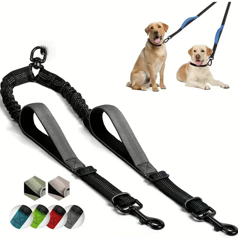 Dual Dog Leash Coupler – Padded No-Tangle Bungee Leash with 360° Swivel, Reflective & Shock-Absorbing GRAY